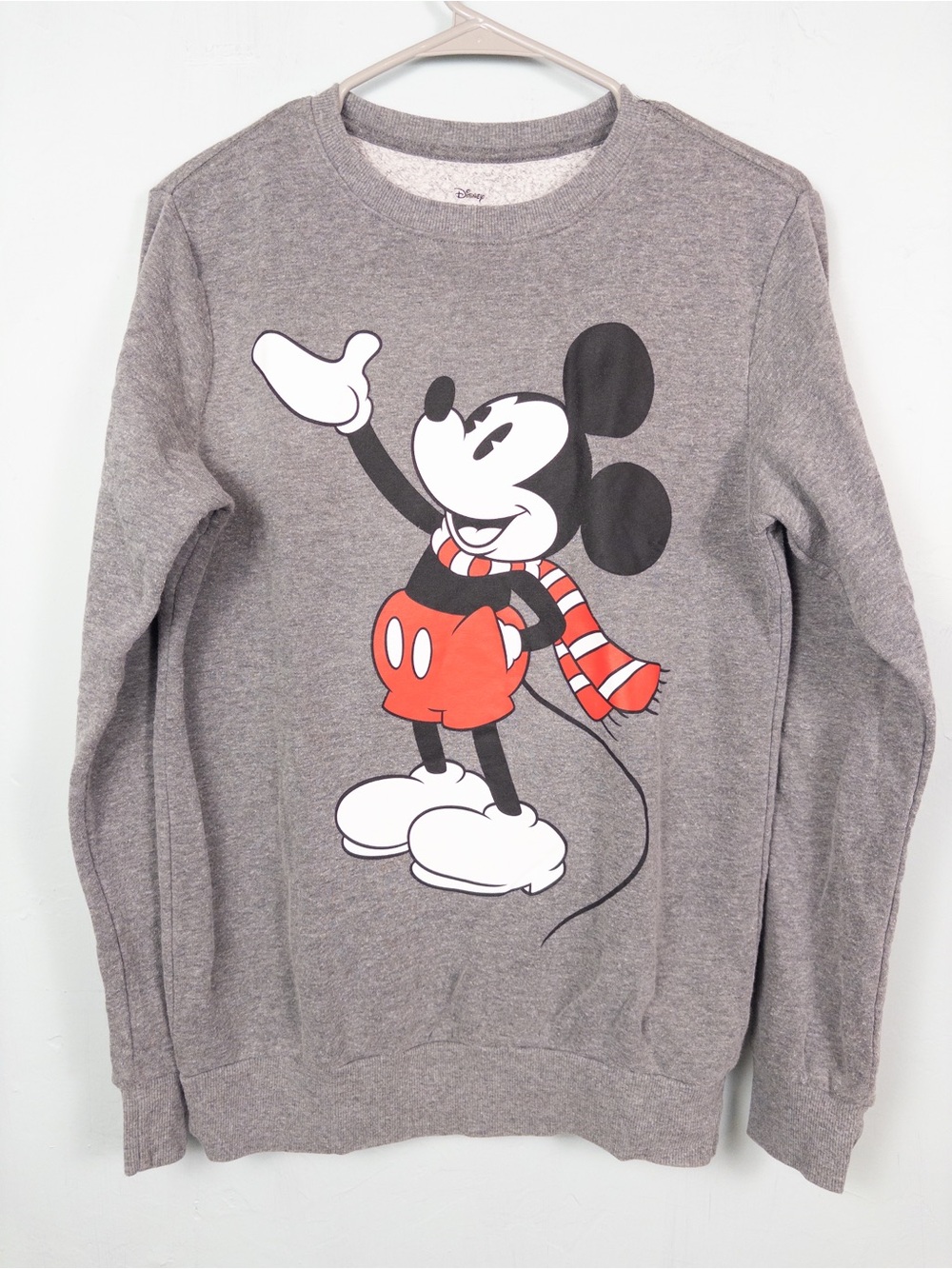Disney Mickey Mouse Holiday Scarf Gray Crewneck Sweatshirt